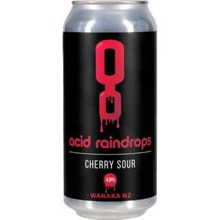 Can of acid raindrops cherry sour with black label and red logo on a white background