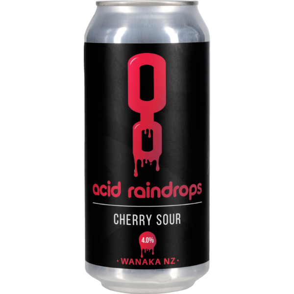 Can of acid raindrops cherry sour with black label and red logo on a white background