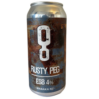 Beer can with 'Rusty Peg' branding on a plain background