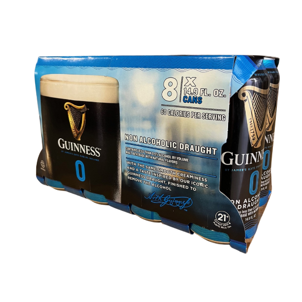 Pack of Guinness 0 non-alcoholic draught cans on a white background