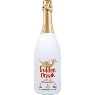 A bottle of Gulden Draak Classic beer with a white label, black text, and gold accents.