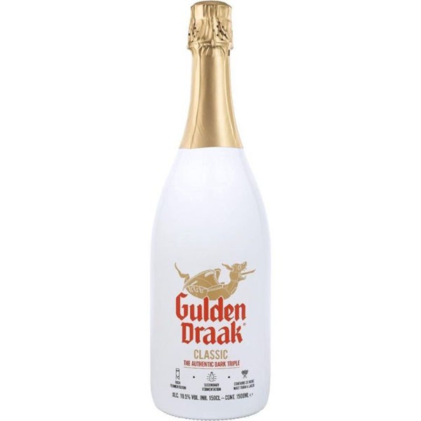 A bottle of Gulden Draak Classic beer with a white label, black text, and gold accents.