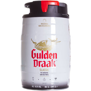 A 5L Gulden Draak keg with a white body, gold lettering, and red accents.