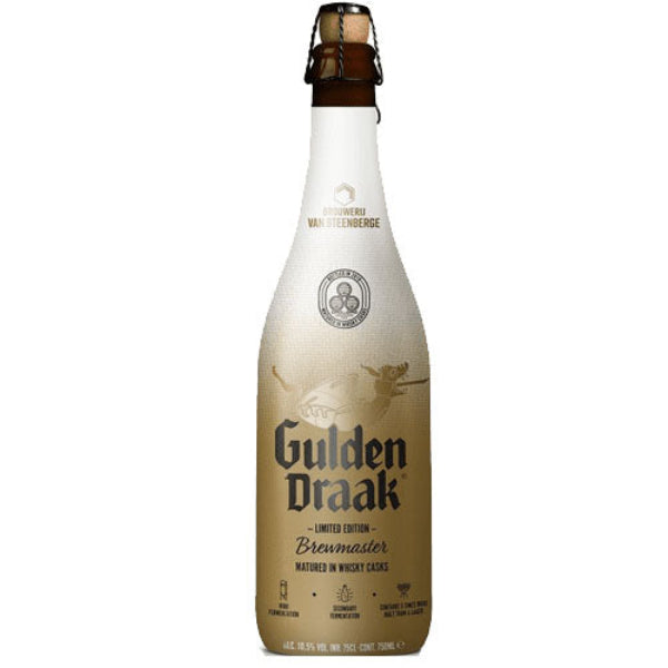 A bottle of Gulden Draak Brewmaster beer with a label that includes the name and style of the beer, along with some text in a foreign language.