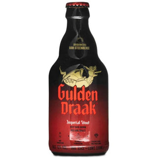 A bottle of Gulden Draak Imperial Stout with a label featuring a golden dragon and the text 'Imperial Stout', against a black background.