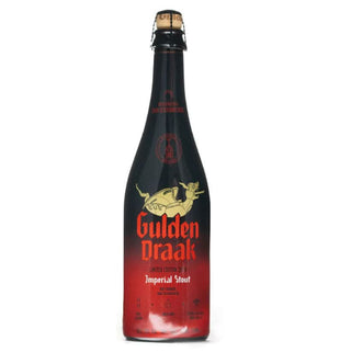 A bottle of Gulden Draak Imperial Stout with a dark label and red text.