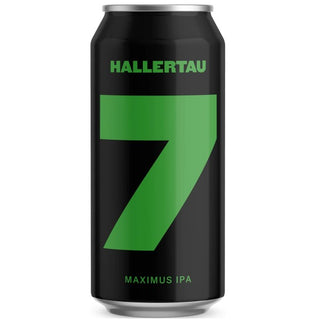 Black can with green accents featuring the brand 'Hallertau' and product name 'Maximus IPA'.