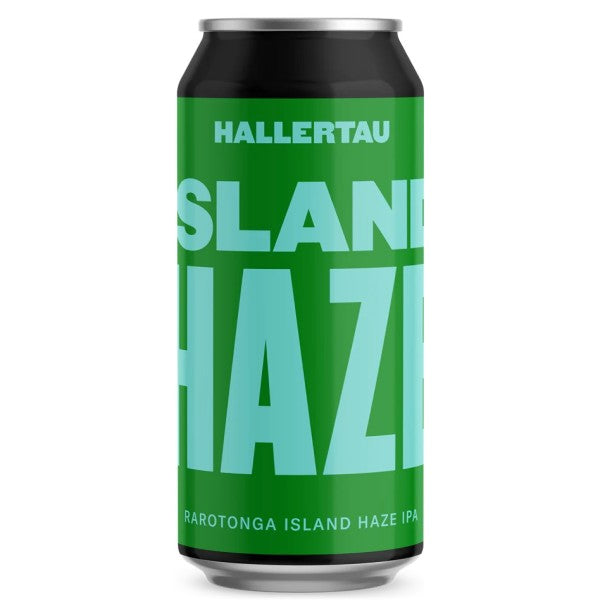 Green beer can with 'Hallertau Island Haze' text on a white background
