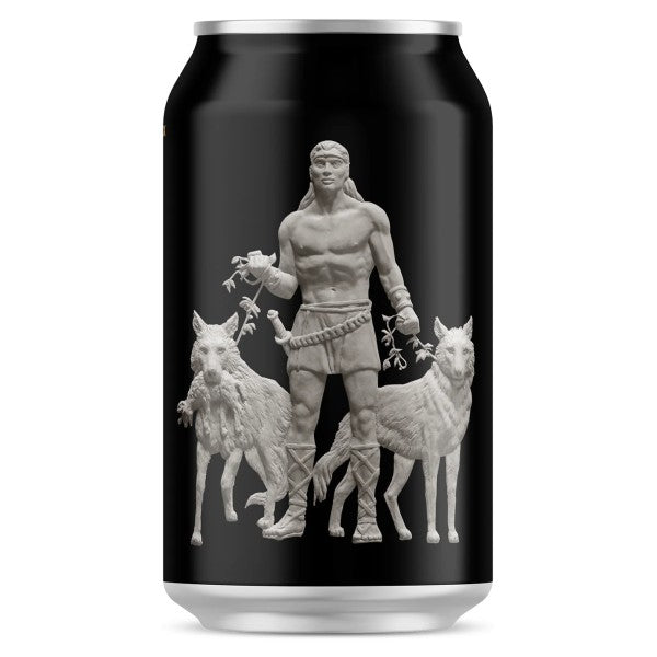 Black can with a white illustration of a figure with two wolves on a white background