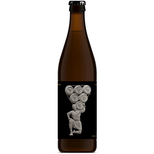 Brown bottle with a decorative label on a white background