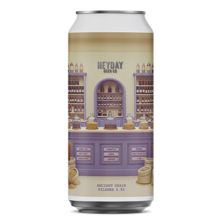 Beer can with 'Heyday Beer Co' illustration on a white background
