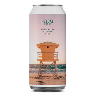 Can of Heyday Beer Co. Australian Pilsner with a beach scene design on a white background