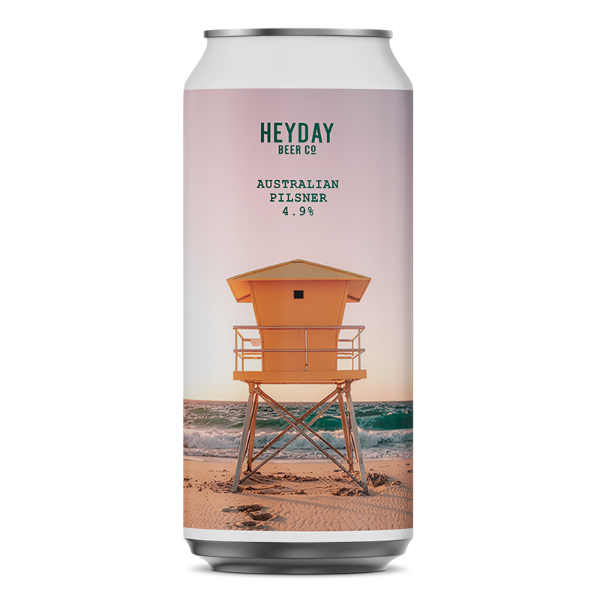 Can of Heyday Beer Co. Australian Pilsner with a beach scene design on a white background