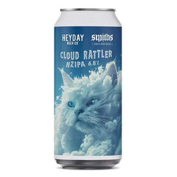 Beer can with a cat design and text on a blue background