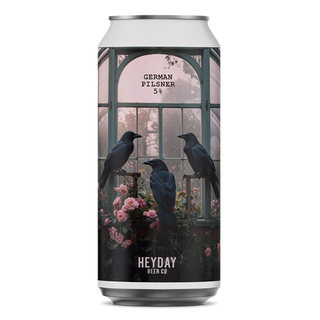 Beer can with crows and flowers design, labeled 'Heyday Beer Co'.