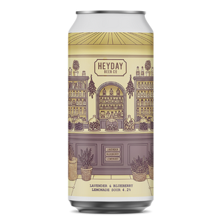 Beer can with 'Heyday Beer Co' branding and architectural illustration on a white background