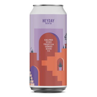 Beer can with 'Heyday Beer Co' branding and colorful design on a white background