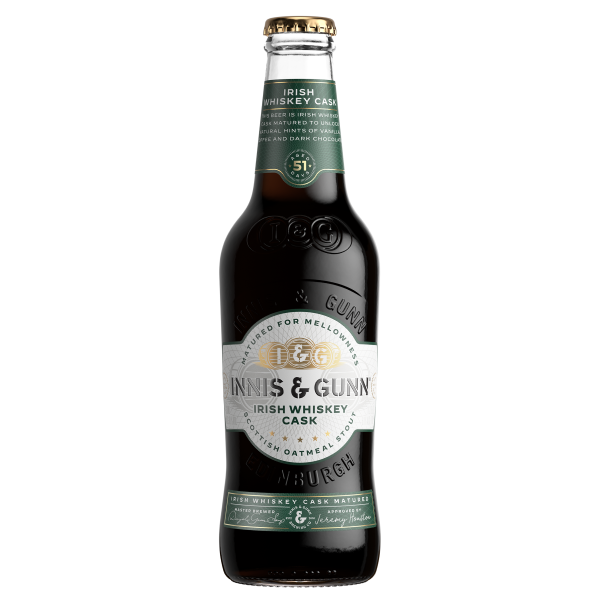 Innis & Gunn Irish Whiskey Cask beer bottle on a white background