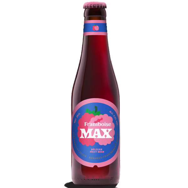 Bottle of Framboise Max beer with a blue label on a white background