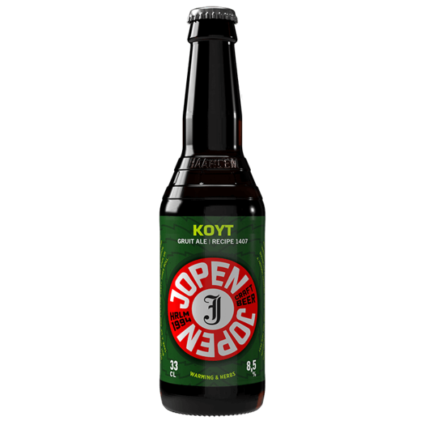 Bottle of KOYT Grunt Ale with green label on a white background