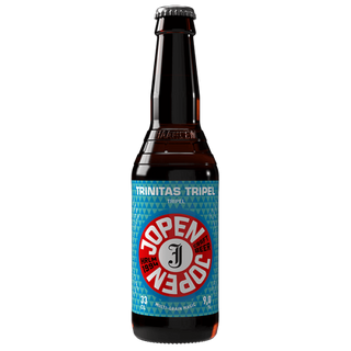 Bottle of Trinitas Tripel with a blue label on a white background