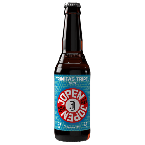 Bottle of Trinitas Tripel with a blue label on a white background