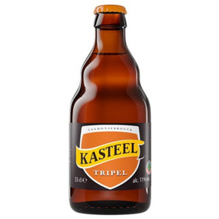 Brown beer bottle with Kasteel Tripel label on a white background