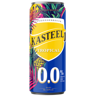Kasteel Tropical non-alcoholic beer can with colorful design on a white background