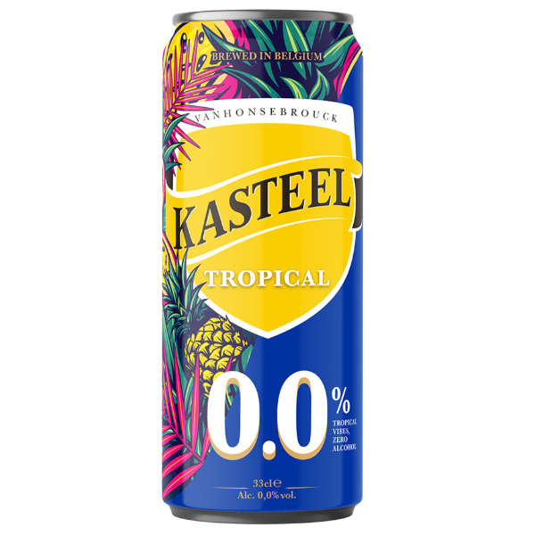 Kasteel Tropical non-alcoholic beer can with colorful design on a white background