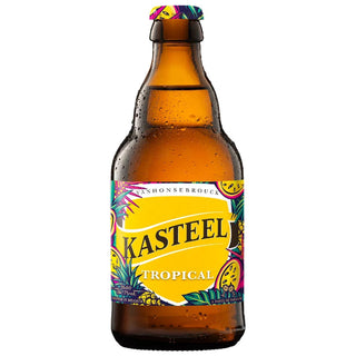 Kasteel Tropical beer bottle with colorful label on a white background