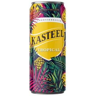 Kasteel Tropical beer can with colorful design on a white background