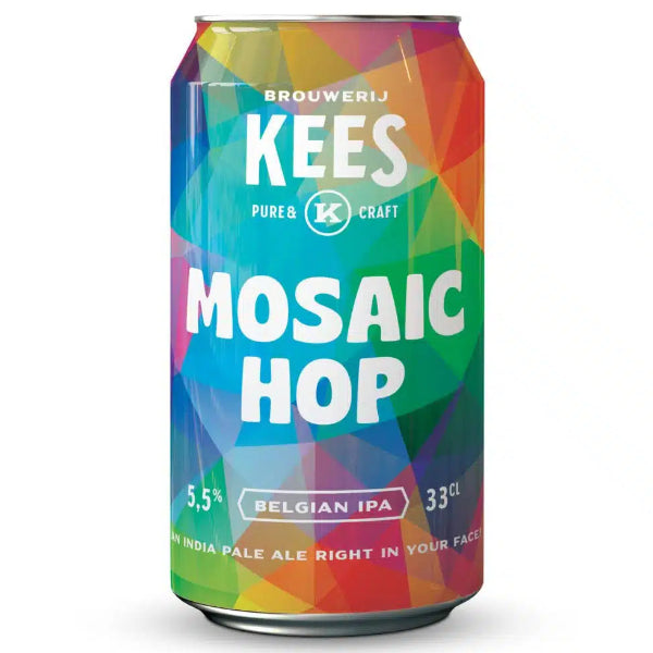Colorful can of Kees Mosaic Hop beer on a white background