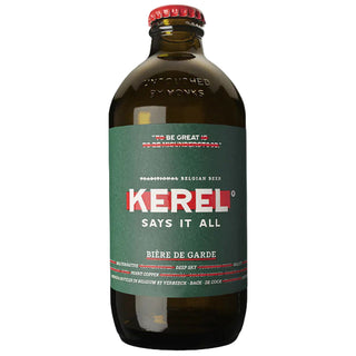A bottle of Kerel Bière de Garde beer with a green label and red cap, indicating it is a product of VBDCK Brewery, Belgium.