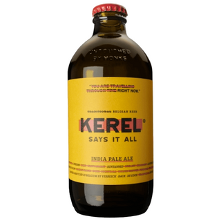 Bottle of KEREL India Pale Ale with a yellow label on a white background