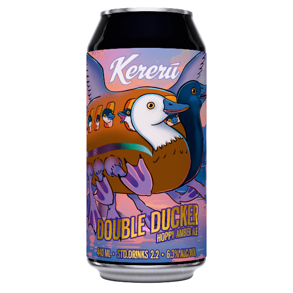 Beer can with colorful design featuring ducks and text on a white background