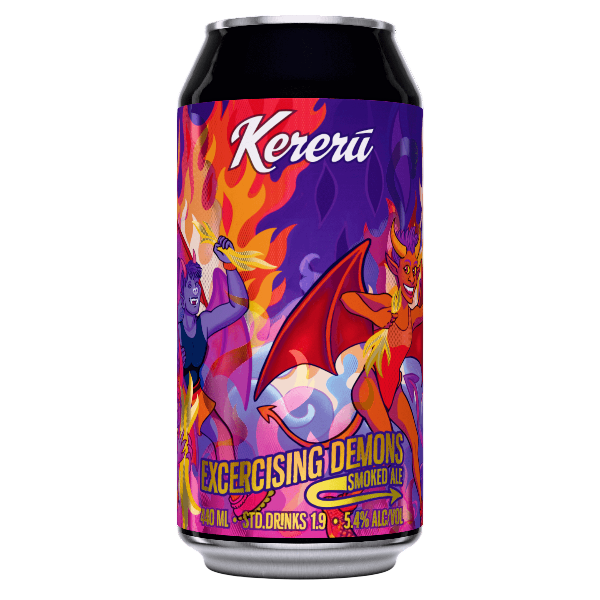 Kereru beer can with colorful design on a white background