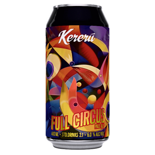 Colorful can of Kereru Full Circus Pale Ale on a black background