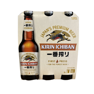 Pack of Kirin Ichiban beer bottles with packaging on a white background