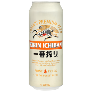 Can of Kirin Ichiban beer on a white background