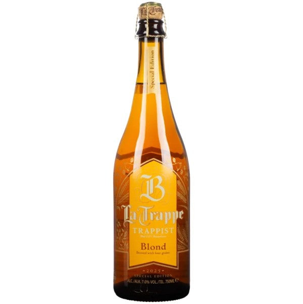 La Trappe Trappist Blond beer bottle on a white background