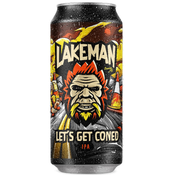 Lakeman beer can with a stylized face design on a white background