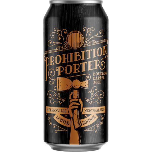 Prohibition Porter beer can with decorative text and graphics on a white background