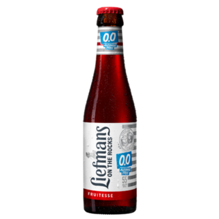 A bottle of Liefmans Fruitesse 0.0% Alcohol Free with a red label, indicating it is a fruit beer.