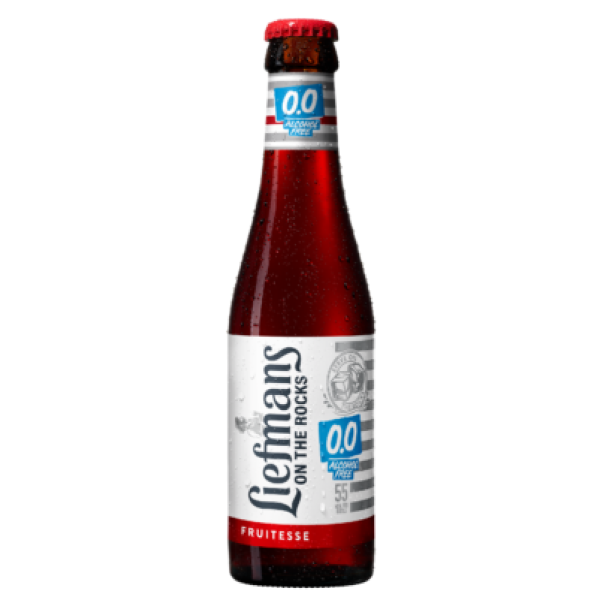 A bottle of Liefmans Fruitesse 0.0% Alcohol Free with a red label, indicating it is a fruit beer.