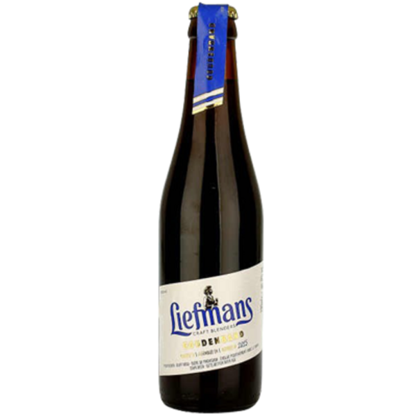 A bottle of Liefmans Goudenband beer with a dark label and blue accents on the neck foil wrap.