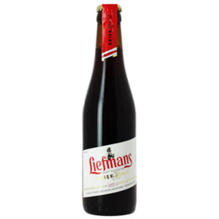 A bottle of Liefmans Kriek Brut beer with a red label and cap, showcasing a deep brown-red beverage.