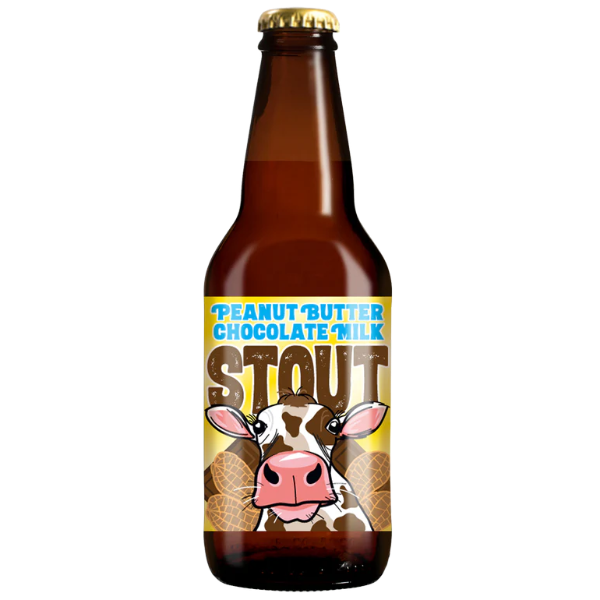 Brown bottle with a colorful label featuring a cow's face and text on a white background