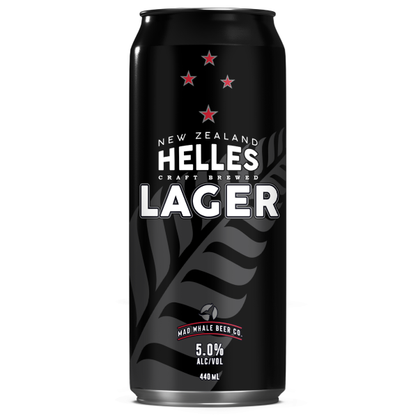 Black can of New Zealand Helles Lager with branding and alcohol volume information on a white background