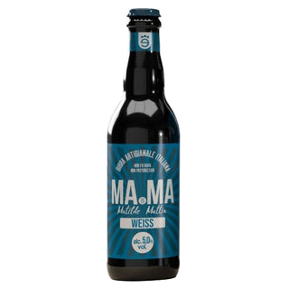 Bottle of M.A.M.A Weiss beer with a blue label on a white background