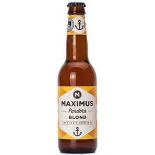Bottle of Maximus Pandora Blond beer on a white background